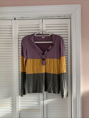 Mardi Gras Striped Colorblock Long-Sleeve Henley Top in Purple, Mustard & Olive
